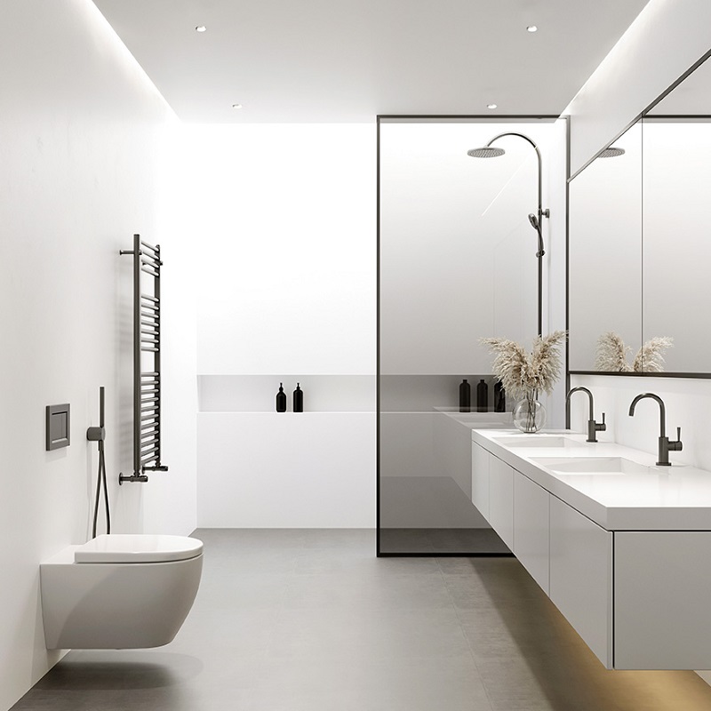 3d rendering of a white minimal contemporary bathroom with showe